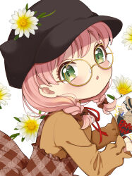 Rule 34 | 1girl, absurdres, anya (spy x family), beret, bespectacled, black hat, blush, book, braid, checkered clothes, checkered dress, child, commentary request, daisy, dress, flower, glasses, green eyes, hat, hat flower, highres, holding, holding book, long sleeves, looking at viewer, medium hair, momo-tako, orange shirt, parted lips, pink hair, round eyewear, shirt, simple background, solo, spy x family, twin braids, upper body, white background