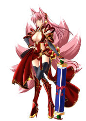 Rule 34 | 1girl, animal ears, armor, bad id, bad pixiv id, bikini armor, breasts, bridal gauntlets, cleavage, crossed legs, elbow gloves, fox ears, fox tail, giant scroll, gloves, headphones, high heels, highres, kitsune, large breasts, megurine luka, multiple tails, pink eyes, pink hair, scroll, shirokuma a, shoes, source request, standing, tail, thighhighs, vocaloid, watson cross