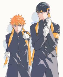 Rule 34 | 2boys, 5600cm, armband, black hair, buttons, clenched hand, gloves, haikyuu!!, highres, hinata shouyou, kageyama tobio, looking at viewer, looking away, male focus, multiple boys, orange hair, simple background, standing, twintails, white gloves
