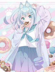 Rule 34 | 1girl, animal ear fluff, animal ears, arm up, blue eyes, blue hair, blue neckerchief, blue sailor collar, blue skirt, blush, candy, cardigan, checkerboard cookie, commentary request, cookie, doughnut, food, food in mouth, hair ornament, hairclip, highres, holding, holding food, lollipop, long hair, long sleeves, macaron, neckerchief, open cardigan, open clothes, original, pleated skirt, puffy long sleeves, puffy sleeves, purple cardigan, sailor collar, school uniform, serafuku, skirt, sleeves past wrists, solo, striped background, swirl lollipop, tantan men (dragon)