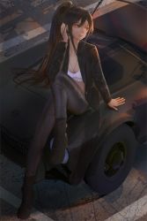 Rule 34 | 1girl, black footwear, black hair, black jacket, closed mouth, commentary request, earrings, from above, hair between eyes, high ponytail, highres, idolmaster, idolmaster shiny colors, jacket, jeep, jewelry, long hair, motor vehicle, nagamerin, necklace, ponytail, road, shirase sakuya, shirt, sidelocks, sitting, street, tire, white shirt, yellow eyes