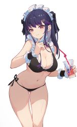 Rule 34 | 1girl, absurdres, bare arms, bare shoulders, bikini, black bikini, black choker, black ribbon, blue hair, breasts, character request, choker, cleavage, copyright request, cowboy shot, cup, drinking straw, frilled hairband, frills, hair ornament, hair ribbon, hairband, hairclip, highres, holding, holding cup, lance (lancelliu), large breasts, long hair, looking at viewer, maid, maid bikini, mask pull, navel, red eyes, ribbon, side-tie bikini bottom, solo, standing, stomach, swimsuit, thighs, two side up, unconventional maid, wrist cuffs
