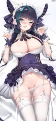 Rule 34 | 1girl, :d, azur lane, bed sheet, black dress, black hair, blue hair, blue nails, blush, breasts, cheshire (azur lane), cleavage, clothes lift, dress, dress lift, frilled dress, frills, garter straps, grey eyes, groin, hands up, highres, large breasts, looking at viewer, lying, multicolored hair, nail polish, navel, nekoya (liu), nose blush, on back, open mouth, panties, panty pull, puffy short sleeves, puffy sleeves, short sleeves, signature, smile, solo, thighhighs, twitter username, two-tone hair, underwear, white panties, white thighhighs, wrist cuffs