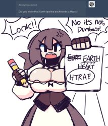 Rule 34 | 1girl, black eyes, breasts, brown hair, bursting breasts, cleavage, dress, english text, eyelashes, female focus, gensin, holding, holding paper, holding pencil, large breasts, paper, pencil, solo, tumblr, white background