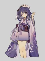 Rule 34 | 1girl, aged down, alternate form, animal, animal on head, blunt bangs, blush, child, closed mouth, commentary request, cropped legs, earrings, floral print, fox, genshin impact, grey background, hair ornament, highres, japanese clothes, jewelry, kimono, long hair, long sleeves, merry-san, obi, obiage, obijime, on head, purple eyes, purple hair, purple kimono, raiden shogun, sash, sidelocks, simple background, smile, solo, wide sleeves, yae miko, yae miko (fox)