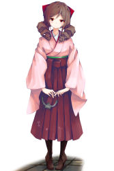 Rule 34 | 10s, 1girl, anchor, bow, brown hair, drill hair, full body, hair bow, hakama, hakama skirt, harukaze (kancolle), highres, japanese clothes, kantai collection, kimono, long hair, looking at viewer, meiji schoolgirl uniform, momin, pink kimono, red bow, red eyes, red hakama, skirt, solo, standing, twin drills, white background