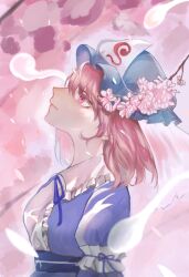 Rule 34 | 1girl, branch, cherry blossoms, flower, hat, kuru (kurukuru koubou), looking to the side, looking up, mob cap, pink flower, saigyouji yuyuko, solo, touhou, tree, triangular headpiece