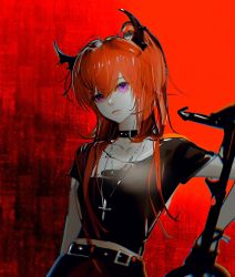 Rule 34 | 1girl, arknights, belt, belt buckle, black choker, black shirt, buckle, choker, closed mouth, commentary, cross, demon horns, frown, hair between eyes, hair over shoulder, highres, horns, jewelry, kanoukin, latin cross, lips, long hair, looking at viewer, necklace, official alternate costume, ponytail, purple eyes, red hair, red skirt, shirt, skirt, solo, surtr (arknights), surtr (liberte echec) (arknights), sword, upper body, weapon