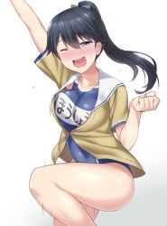 Rule 34 | 1girl, ;d, alternate costume, arm up, bare legs, black hair, blue eyes, blush, breasts, clothes writing, collarbone, commentary request, cosplay, embarrassed, eyebrows, gradient background, houshou (kancolle), i-26 (kancolle), i-26 (kancolle) (cosplay), kantai collection, large breasts, long hair, looking at viewer, name tag, new school swimsuit, one-piece swimsuit, one eye closed, open mouth, ponytail, sailor collar, sama samasa, school swimsuit, short sleeves, simple background, smile, solo, sweat, swimsuit, swimsuit under clothes, thighs