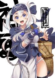 Rule 34 | 1girl, ainu clothes, bandaged arm, bandages, basket, black thighhighs, blue eyes, blue headband, breasts, chain, character name, cropped jacket, folded ponytail, fundoshi, hair between eyes, headband, japanese clothes, kamoi (kancolle), kantai collection, large breasts, long hair, n:go, one-hour drawing challenge, open mouth, pelvic curtain, ponytail, sidelocks, simple background, smile, solo, thighhighs, twitter username, white background, white hair, wrist guards