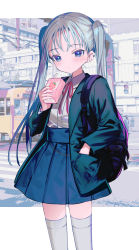 Rule 34 | 1girl, backpack, bag, black jacket, blue eyes, blue skirt, blush, closed mouth, collared shirt, dress shirt, drinking straw, ear piercing, earrings, hand in pocket, hayama eishi, highres, holding, jacket, jewelry, long sleeves, looking at viewer, milk carton, open clothes, open jacket, original, piercing, pleated skirt, shirt, silver hair, skirt, solo, stud earrings, thighhighs, twintails, white background, white shirt, white thighhighs