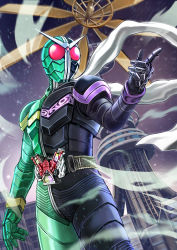 Rule 34 | building, city, double driver, highres, kakato, kamen rider, kamen rider double, kamen rider w, male focus, pointing, rider belt, scarf, tokusatsu, tower, wind, wind turbine, windmill