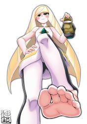 Rule 34 | 1girl, barefoot, blonde hair, blush, creatures (company), feet, female focus, foot focus, from below, game freak, green eyes, grin, hand on own hip, highres, holding, holding shoes, long hair, looking at viewer, looking down, lusamine (pokemon), nintendo, no shoes, pokemon, pokemon sm, pov, shoes, single shoe, smile, soles, solo, standing, standing on one leg, toes, unworn shoes, yuzu gin (pika97)