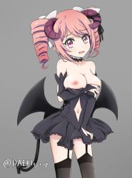Rule 34 | 1girl, bare shoulders, black neckwear, black thighhighs, blush, breasts, choker, clothing cutout, collarbone, cosplay, demon girl, demon horns, demon tail, drill hair, embarrassed, feet out of frame, grey background, hair ornament, hair ribbon, horns, jashin-chan dropkick, large breasts, looking at viewer, navel, navel cutout, nipples, one breast out, open mouth, pink eyes, pink hair, pino (jashin-chan dropkick), ribbon, simple background, skirt, solo, standing, tail, thighhighs, tomato (papanohimitsu)