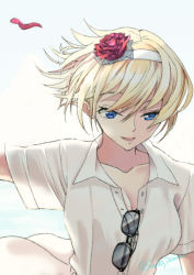 Rule 34 | 1girl, alternate hair length, alternate hairstyle, blonde hair, blue eyes, collarbone, commentary request, dress, unworn eyewear, hairband, kajii supana, kantai collection, official alternate costume, outstretched arms, short hair, simple background, solo, upper body, warspite (kancolle), white background, white dress, white hairband