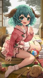 Rule 34 | 1girl, :d, absurdres, animal ears, bad hands, blurry, blurry background, blush, bobby socks, breasts, collarbone, day, dress, fang, frills, green eyes, green hair, hand up, happy, highres, indoors, kasodani kyouko, long sleeves, looking at viewer, medium breasts, medium hair, melaton, musical note, musical note print, open mouth, pink dress, puffy long sleeves, puffy sleeves, sitting, sleeves past wrists, smile, socks, solo, tail, tatami, touhou, wariza, white socks