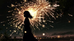 Rule 34 | 1girl, absurdres, city lights, cloud, dark, feet out of frame, fireworks, floating hair, from side, highres, holding fireworks, long hair, mountainous horizon, night, night sky, original, outdoors, plant, profile, scenery, signature, silhouette, sky, skyrick9413, solo, sparkler
