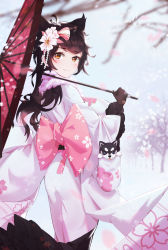 Rule 34 | 1girl, absurdres, antenna hair, atago (azur lane), atago (hallmarks of winter) (azur lane), azur lane, bare tree, black hair, blue eyes, blurry, blush, brown eyes, brown gloves, closed mouth, depth of field, dog, floral print, flower, from side, gloves, hair flower, hair ornament, highres, holding, holding umbrella, ili, japanese clothes, kimono, long hair, looking at viewer, obi, oil-paper umbrella, sash, smile, snow, tongue, tongue out, tree, umbrella