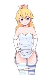 Rule 34 | 1girl, asymmetrical legwear, bare shoulders, batta (ijigen debris), blonde hair, blue eyes, blue thighhighs, blush, breasts, character request, cleavage, closed mouth, clothes lift, commentary request, crown, dress, dress lift, earrings, elbow gloves, gloves, gluteal fold, highres, jewelry, looking at viewer, mario (series), medium breasts, mismatched legwear, new super mario bros. u deluxe, nintendo, panties, panty pull, smile, solo, standing, strapless, strapless dress, striped clothes, striped thighhighs, super crown, thighhighs, underwear, white background, white dress, white gloves