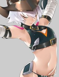Rule 34 | 1girl, arm belt, armpits, arms up, bandaged arm, bandages, bare shoulders, black panties, closed eyes, closed mouth, commentary, cowboy hat, facial scar, fate/apocrypha, fate/grand order, fate (series), grey background, hat, highres, hikizan, jack the ripper (fate/apocrypha), lips, navel, panties, scar, scar across eye, scar on cheek, scar on face, shiny skin, short hair, shoulder tattoo, silver hair, simple background, solo, stomach, tattoo, underwear