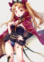 Rule 34 | 1girl, black leotard, black thighhighs, blonde hair, blush, breasts, cape, chiyosuke (nosuke21), detached collar, earrings, ereshkigal (fate), fate/grand order, fate (series), fur-trimmed cape, fur trim, hand on own hip, hand on own chest, highres, hoop earrings, jewelry, leotard, long hair, looking at viewer, medium breasts, open mouth, parted bangs, red cape, red eyes, red ribbon, ribbon, simple background, single sleeve, single thighhigh, skull, solo, spine, thighhighs, thighs, tiara, tohsaka rin, two side up