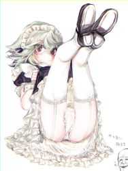 Rule 34 | 1boy, 1girl, apron, ass, blush, cameltoe, dress, frilled panties, frilled skirt, frills, garter straps, green hair, highres, legs up, lying, made in abyss, maid, maid apron, maid headdress, on back, panties, prushka, red eyes, see-through, shoes, short hair, simple background, skirt, solo focus, thighhighs, tomp son, underwear, white background, white thighhighs