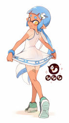 Rule 34 | 1girl, ass, back, bandaid, bare shoulders, blue hair, blunt bangs, blush, bracelet, bright pupils, brown eyes, cosplay, dress, from behind, full body, hair ornament, hairclip, ikamusume, ikamusume (cosplay), inkling, inkling girl, inkling player character, jewelry, looking back, nintendo, pointy ears, shoes, skirt hold, sneakers, solo, splatoon (series), splatoon 1, standing, tan, tanline, tentacle hair, ter (otokoter), thick eyebrows, white dress