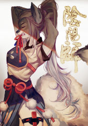 Rule 34 | 1girl, absurdres, animal ears, clenched teeth, commentary request, closed eyes, ez 1011, from side, furry, furry female, grey fur, grey hair, hair tie, hakama, hakama skirt, hakurou (onmyoji), highres, japanese clothes, leg belt, long hair, mouth hold, muneate, nail polish, onmyoji, pink nails, ponytail, profile, red ribbon, ribbon, sharp teeth, skirt, solo, standing, tail, teeth, tying hair, very long hair, wolf, wolf ears, wolf tail