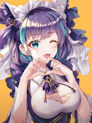 Rule 34 | 1girl, ;d, absurdres, azur lane, black hair, blue eyes, blue hair, breasts, cheshire (azur lane), cleavage, commentary request, earrings, heart, heart hands, helawid, highres, jewelry, large breasts, looking at viewer, multicolored hair, one eye closed, open mouth, orange background, simple background, smile, solo, two-tone hair, upper body