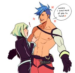 Rule 34 | !, 2boys, :d, abs, ascot, back, bare pectorals, belt, belt pouch, black belt, black gloves, black jacket, black pants, blue hair, blush, chest harness, closed eyes, couple, english text, frilled sleeves, frills, galo thymos, gloves, green hair, harness, height difference, imminent hug, jacket, leather, leather jacket, leather pants, lio fotia, male focus, mohawk, multiple boys, navel, nipples, open mouth, orange pants, pants, pectorals, pockicchi, pouch, promare, short hair, short hair with long locks, sidelocks, simple background, single bare shoulder, smile, speech bubble, spiked hair, toned, toned male, upper body, white ascot, white background, yaoi