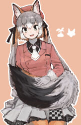 Rule 34 | 1girl, animal ears, blazer, extra ears, fox ears, fox girl, fox tail, gloves, grey hair, hat, highres, island fox (kemono friends), jacket, kemono friends, kemono friends v project, long hair, looking at viewer, necktie, orange hair, pantyhose, pink background, ribbon, rumenia (ao2is), shirt, simple background, skirt, solo, tail, twintails, virtual youtuber, yellow eyes