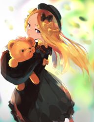 Rule 34 | 1girl, abigail williams (fate), backlighting, black bow, black dress, black hat, blonde hair, blue eyes, blurry, blurry background, blush, bow, breasts, closed mouth, dress, fate/grand order, fate (series), forehead, hair bow, hat, highres, long hair, long sleeves, looking at viewer, multiple hair bows, okoru ringo, orange bow, parted bangs, ribbed dress, sleeves past wrists, small breasts, stuffed animal, stuffed toy, teddy bear