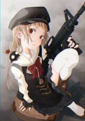 Rule 34 | 1girl, assault rifle, blonde hair, cabbie hat, fingerless gloves, gloves, gun, hat, himaro, holding, holding gun, holding weapon, leg up, long hair, m4 carbine, original, red eyes, rifle, sitting, solo, suitcase, thick eyebrows, thighhighs, weapon, white thighhighs