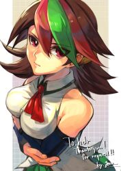 Rule 34 | 1girl, betterman, breasts, brown hair, closed mouth, commentary request, detached sleeves, dyed bangs, green hair, highres, long hair, looking at viewer, medium breasts, multicolored hair, necktie, pink hair, red eyes, sai hinoki, skirt, solo, yora