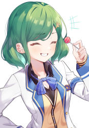 Rule 34 | 1girl, ^ ^, black shirt, blazer, breasts, candy, cleavage, closed eyes, closed mouth, collared shirt, food, green hair, hair ornament, highres, holding, holding candy, holding food, holding lollipop, jacket, kitakoji hisui, lollipop, nijisanji, sharp teeth, shirt, short hair, simple background, small breasts, smile, solo, sweater, syhan, teeth, virtual youtuber, white background, white jacket, yellow sweater