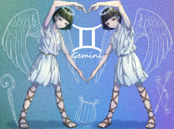 Rule 34 | 2girls, ancient greek clothes, chiton, constellation, dress, english text, gemini (symbol), gemini (zodiac), gladiator sandals, grin, harp, heart arms duo, highres, instrument, looking at viewer, magatama illust, multiple girls, night, night sky, original, sandals, siblings, sky, sleeveless, smile, standing, twins, white dress, zodiac
