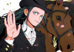 Rule 34 | 1girl, alternate costume, animal, artist name, black hair, black hat, blue eyes, commentary, formal, hand up, hat, highres, horse, long hair, mygiorni, nico robin, one piece, open hand, shirt, smile, solo, suit, teeth, white hair