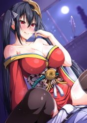 Rule 34 | 1boy, 1girl, arima kouichi, azur lane, bare shoulders, black hair, black thighhighs, blush, breasts, bulge, cleavage, collarbone, dress, erection, erection under clothes, girl on top, hair between eyes, hair ornament, hair ribbon, japanese clothes, large breasts, long hair, red dress, red eyes, ribbon, saliva, smile, solo focus, sweat, taihou (azur lane), thighhighs, tongue, tongue out, twintails, very long hair