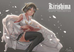 Rule 34 | 10s, 1girl, 2015, backlighting, bare shoulders, black hair, black thighhighs, book, breasts, character name, copyright name, couch, dated, female focus, glasses, gradient background, green-framed eyewear, grey background, hairband, headgear, kantai collection, kirishima (kancolle), large breasts, long hair, looking at viewer, no legwear, nontraditional miko, open book, parted lips, pleated skirt, reading, ribbon-trimmed sleeves, ribbon trim, scotishfold, short hair, signature, sitting, skirt, solo, thighhighs