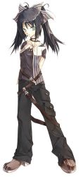 Rule 34 | 1girl, arms behind back, baggy pants, belt, belt skirt, black hair, blue eyes, boots, bow, cargo pants, choker, fashion, hair bow, original, pants, present pretty, simple background, solo, sumi keiichi, twintails, white background