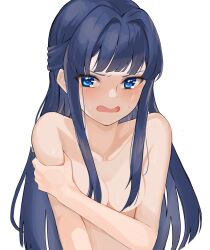 Rule 34 | 1girl, angry, blue eyes, blue hair, blunt bangs, blush, breasts, completely nude, covered erect nipples, covering breasts, covering privates, grabbing own arm, harada (typeharada), highres, idolmaster, idolmaster million live!, long hair, looking at viewer, mogami shizuka, nude, open mouth, sidelocks, simple background, small breasts, solo, sweat, upper body, white background
