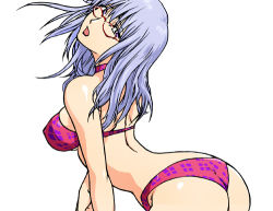 Rule 34 | 00s, 1girl, :o, arched back, ass, back, bent over, bikini, blue eyes, blue hair, breasts, covered erect nipples, gintama, glasses, kon-kit, large breasts, long hair, lowres, matching hair/eyes, open mouth, print bikini, profile, sarutobi ayame, sideboob, simple background, solo, swimsuit