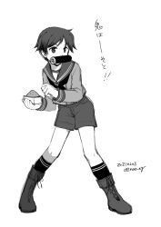 Rule 34 | 1girl, boots, box, commentary request, cross-laced footwear, dated, greyscale, kantai collection, lace-up boots, masu, mogami (kancolle), monochrome, mouth hold, nao (nao eg), school uniform, serafuku, short hair, shorts, simple background, solo, standing, translation request, twitter username