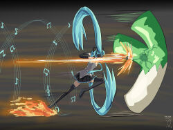 Rule 34 | 1girl, aqua hair, aqua necktie, black footwear, black skirt, black sleeves, black thighhighs, blue hair, blue necktie, dashing, detached sleeves, digiral, fighting, fire, food, grey background, grey shirt, hatsune miku, highres, leg up, long hair, motion blur, motion lines, musical note, necktie, non-web source, oversized food, oversized object, pleated skirt, punching, shirt, skirt, sleeveless, sleeveless shirt, spring onion, thighhighs, vegetable, very long hair, vocaloid