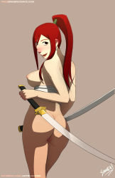 Rule 34 | 1girl, ass, breasts, cleft of venus, erza scarlet, fairy tail, highres, holding, holding sword, holding weapon, nipples, pussy, red hair, sinner! (sillygirl), solo, standing, sword, uncensored, weapon