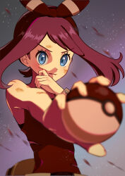 Rule 34 | 1girl, absurdres, bandana, blue eyes, blurry, blurry foreground, bow hairband, brown hair, creatures (company), dirty, dirty face, fanny pack, foreshortening, game freak, hairband, highres, holding, holding poke ball, injury, may (pokemon), night, night sky, nintendo, poke ball, poke ball (basic), pokemon, pokemon oras, red bandana, red hairband, red shirt, scrape, shima koushi, shirt, sky, solo