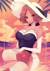 Rule 34 | 1girl, black one-piece swimsuit, blush, breasts, brown eyes, brown hair, closed mouth, commentary, emi star, english commentary, hat, highres, holding, holding swim ring, innertube, looking at viewer, medium breasts, official alternate costume, okumura haru, one-piece swimsuit, outdoors, partially submerged, persona, persona 5, short hair, smile, solo, sunset, swim ring, swimsuit