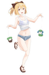 Rule 34 | 3girls, backpack, bag, bare legs, bare shoulders, blonde hair, blue hair, blue shorts, bow, breasts, bucket, casual, chibi, collarbone, crop top, closed eyes, green hair, groin, hair between eyes, hair bobbles, hair bow, hair ornament, hands up, hat, highres, in bucket, in container, kawashiro nitori, kisume, kurodani yamame, leg up, legs, looking at viewer, midriff, multiple girls, navel, nise (  nise6  ), ponytail, see-through, short hair, short shorts, shorts, simple background, sleeveless, smile, standing, standing on one leg, thigh gap, touhou, two side up, white background