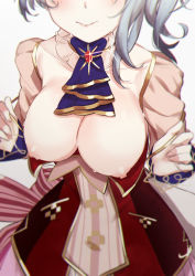 Rule 34 | 1girl, atelier (series), breasts, breasts out, cleavage, head out of frame, highres, morisobo, nelke to densetsu no renkinjutsushi tachi, nelke von luchetam, nipples, short hair, silver hair, simple background, smile, solo, sweat, sweatdrop, white background