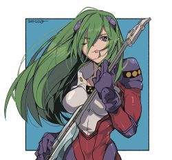 Rule 34 | 1girl, blue background, breasts, collarbone, dated, emilia jenius, green hair, guitar, hair between eyes, head tilt, holding, holding instrument, instrument, kinako (462), looking at viewer, macross, macross 7, medium breasts, one eye closed, outside border, parted lips, pilot suit, pointy ears, simple background, solo